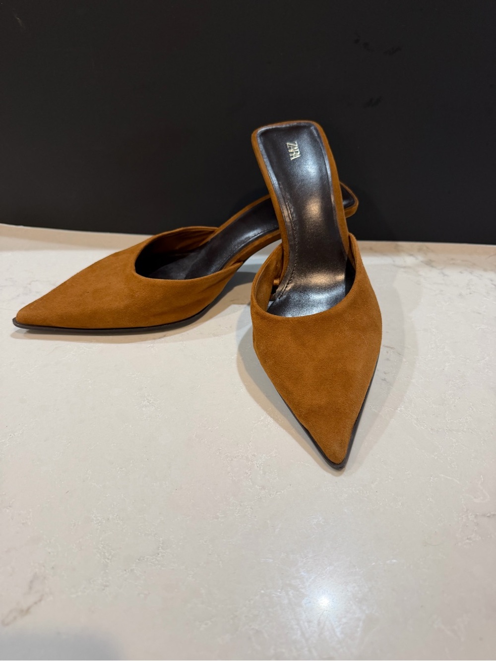 Zara Women's Pointed Toe Suede Mule - Tan